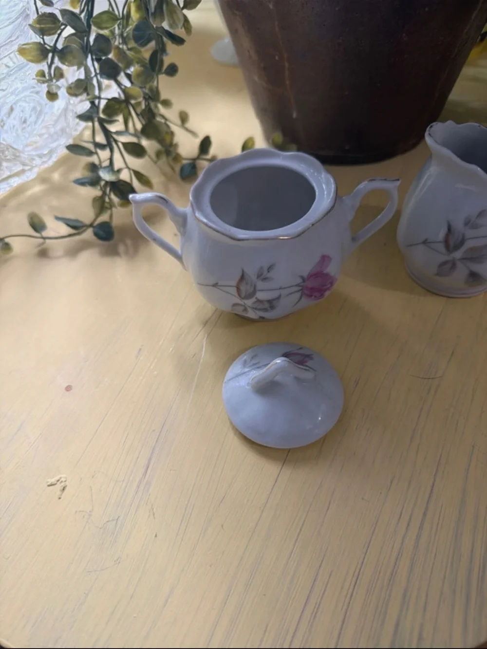 Enesco White Porcelain Sugar Bowl and Creamer with Pink Rose Motif